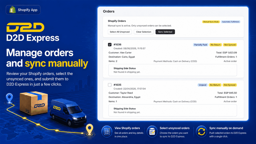 Promotional screenshot for D2D Express showing the Shopify order