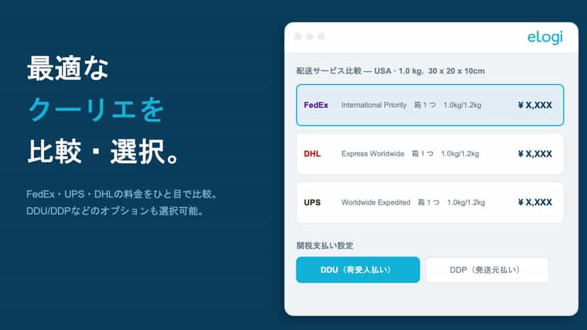 クーリエ選択画面:FedEx・DHL・UPSの料金比較とDDU/DDP設定