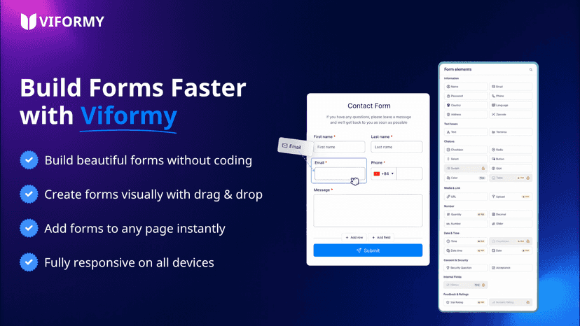 Viformy drag-and-drop form builder for fast form creation