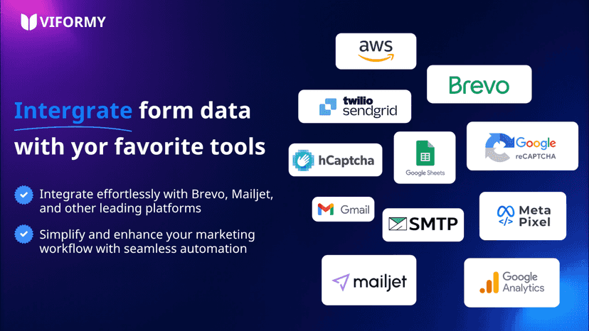 Viformy integrations with email, analytics, and security tools