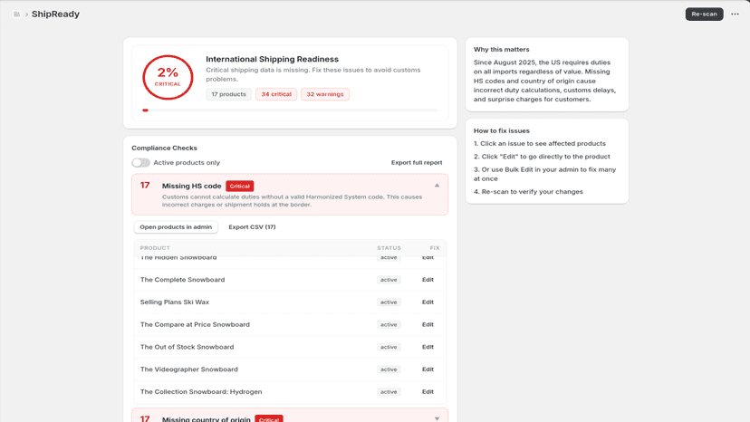 Expanded view showing affected products with Edit buttons