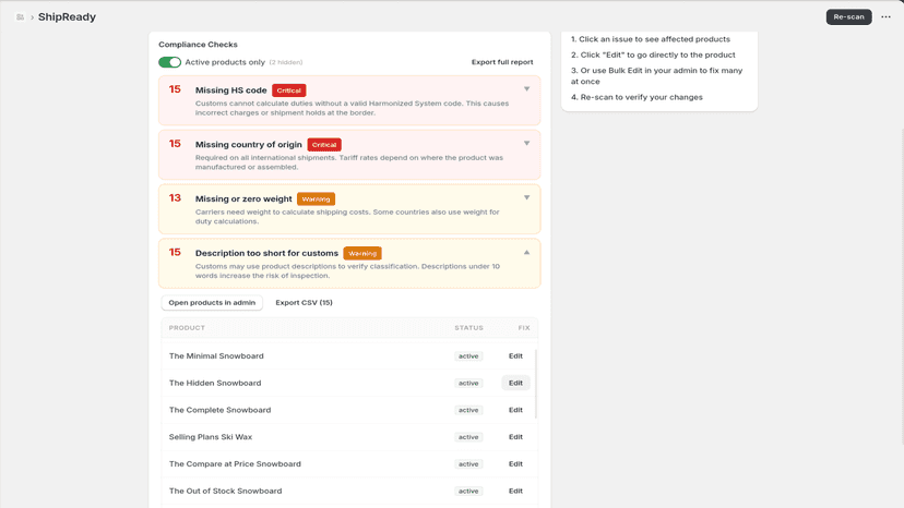 Active products filter with product list and CSV export