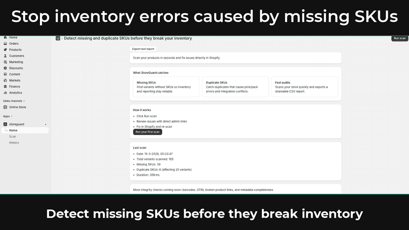 Dashboard showing SKU audit overview and product data checks