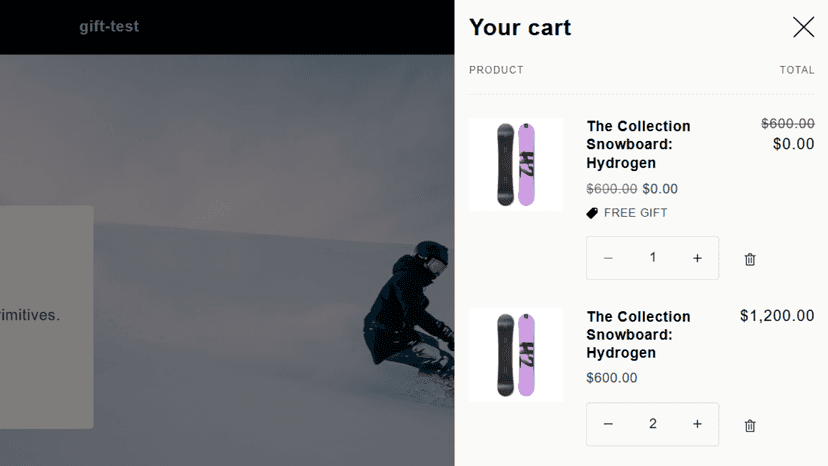 Checkout showing gift line item priced at zero
