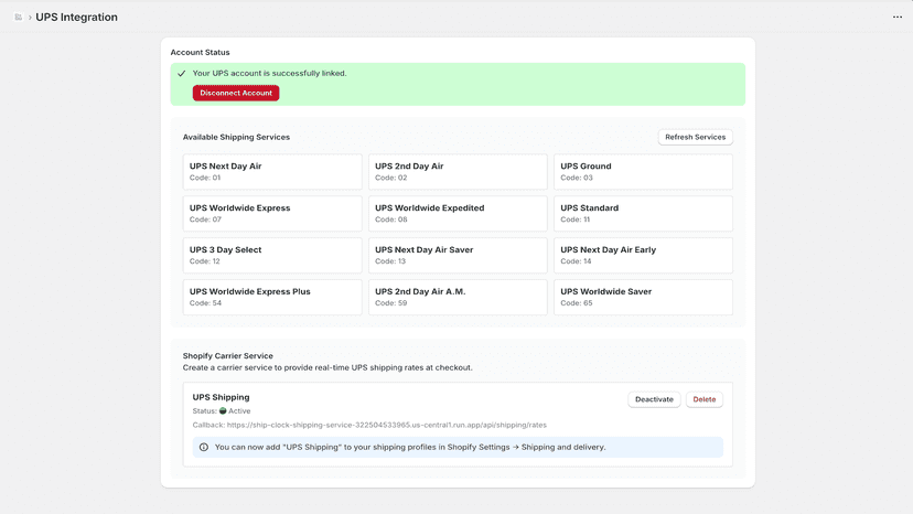 UPS Integration dashboard with linked account and services