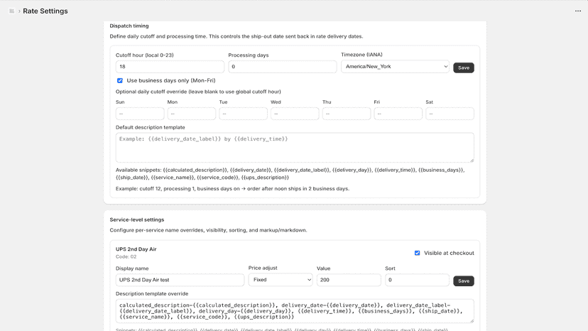 Rate settings screen with dispatch timing and UPS service option