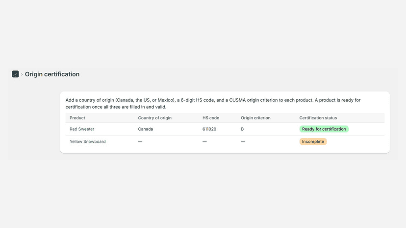 Generate USMCA certificates from Shopify orders