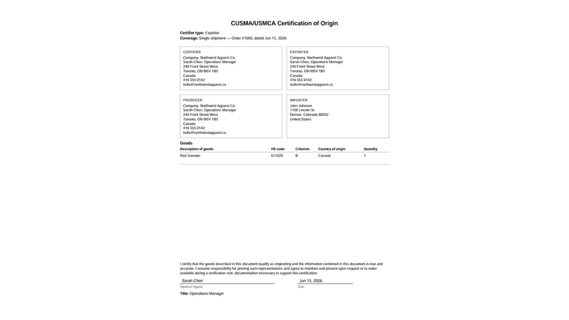 Completed USMCA CUSMA certificate of origin PDF