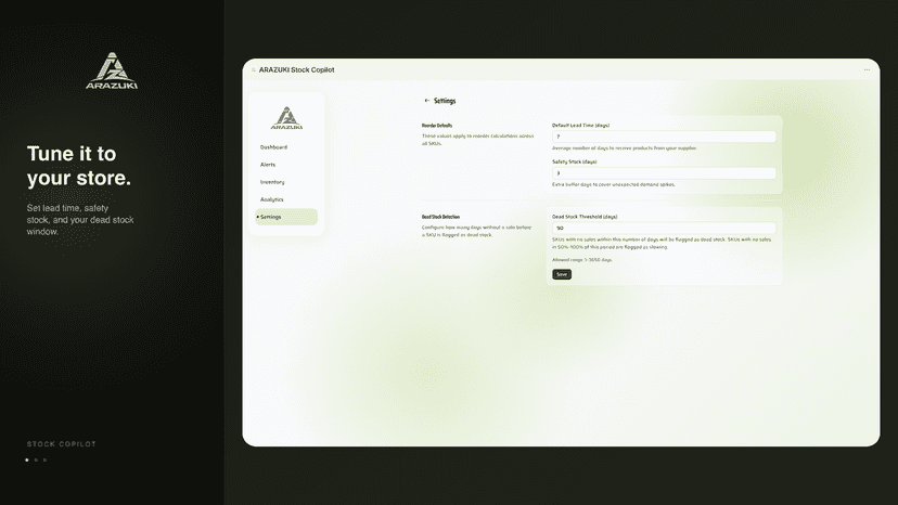 Settings page for lead time, safety stock, and dead stock rules