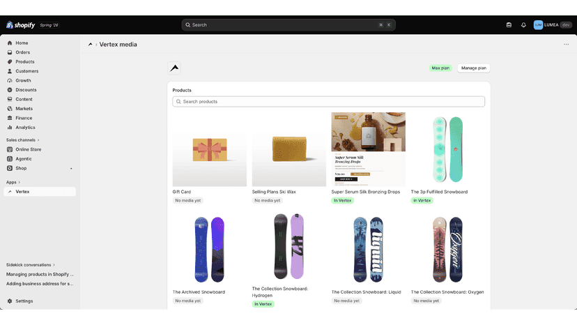 screenshot of vertex shopify app