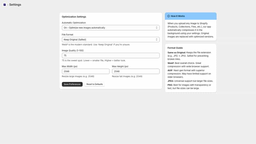 App settings page