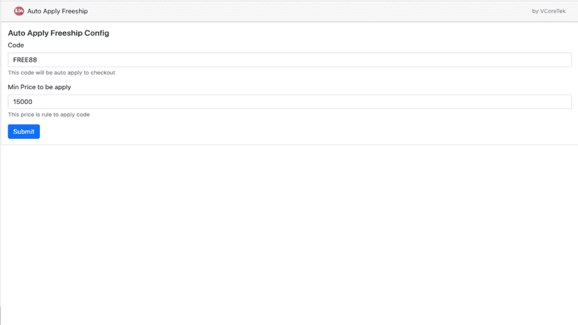 App interface can be setup code and price