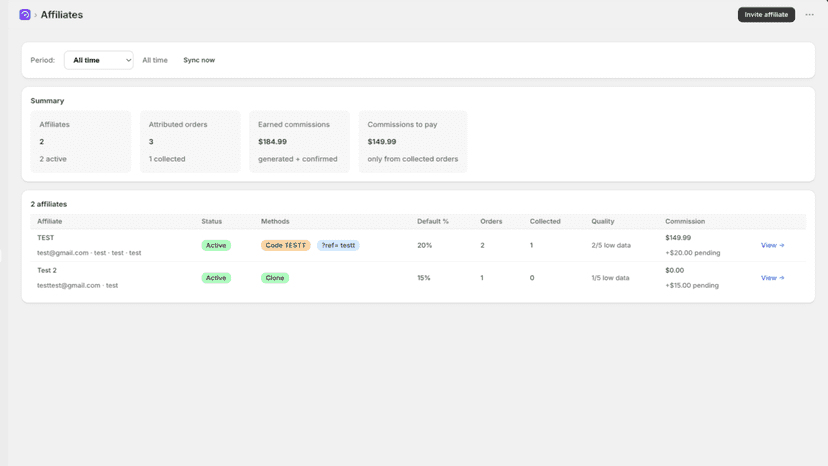 External affiliate portal with referral link and sales history