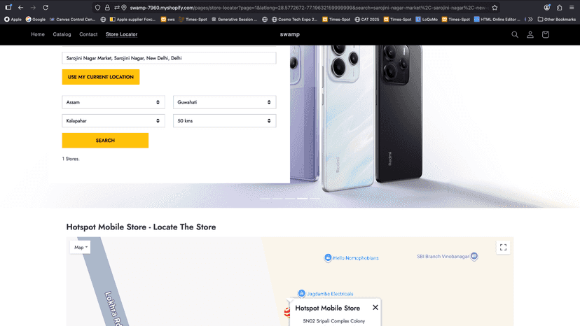 **Filtered store locator search with results count and map previ