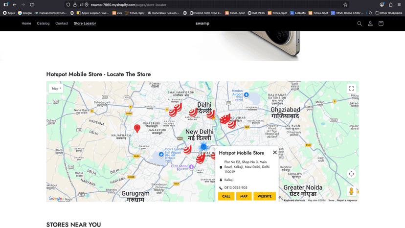 Map view with store pins and location details popup