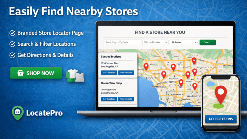 LocatePro store locator promo with map, laptop, and phone