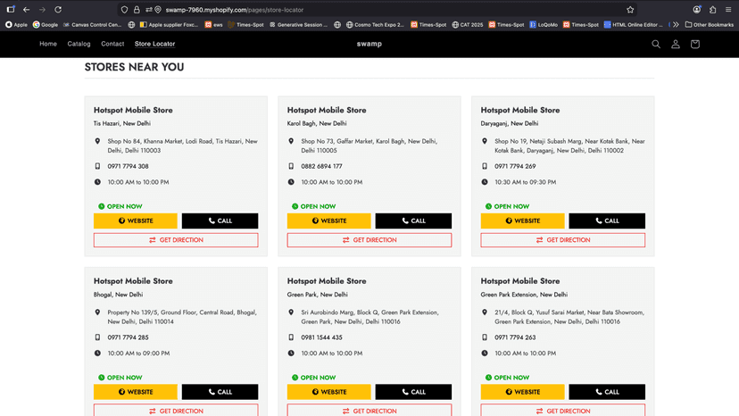 Store results grid with Website, Call, and Get Direction