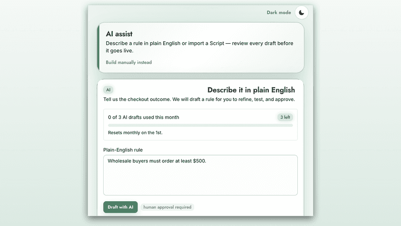 AI assist: describe a B2B checkout rule in plain English.