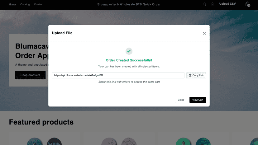 Order success popup, shareable cart link and view cart button