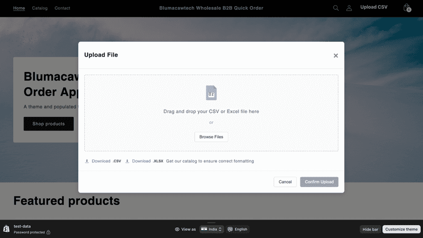 CSV/Excel bulk upload popup on B2B wholesale order app page