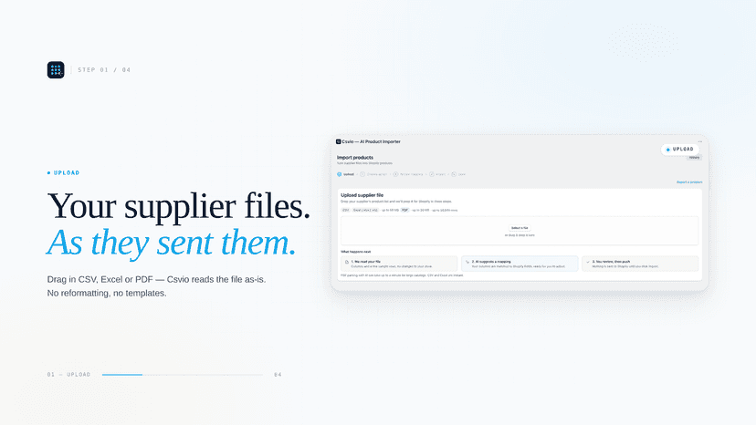 Drag and drop a CSV, Excel or PDF supplier file to import