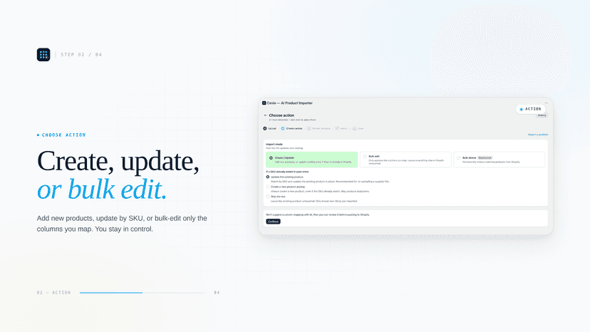 Choose to create, update or bulk edit products from the file
