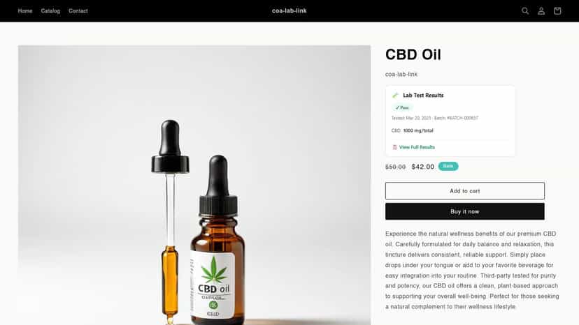 CBD Oil product page with Lab Test Results badge
