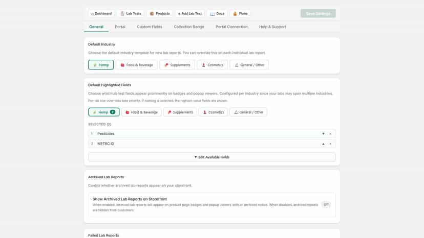 Display settings for fields and industry templates