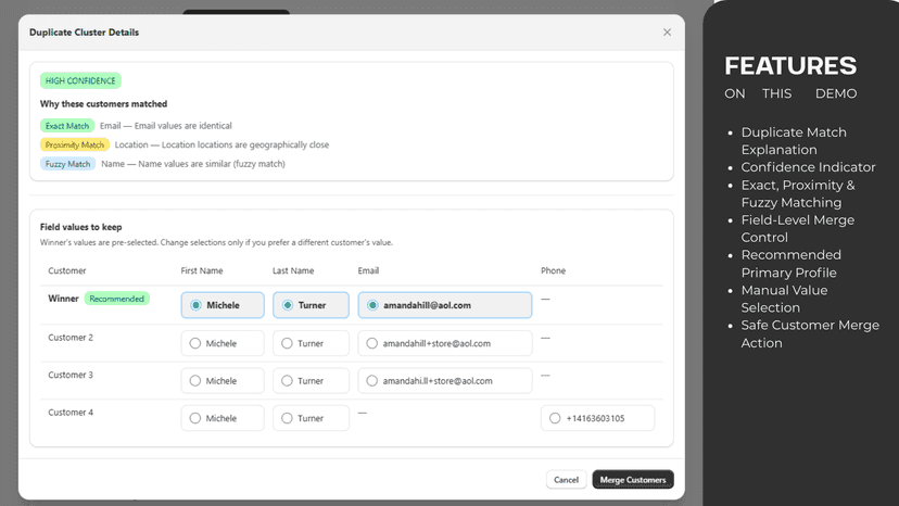 Review duplicate matches with full merge control