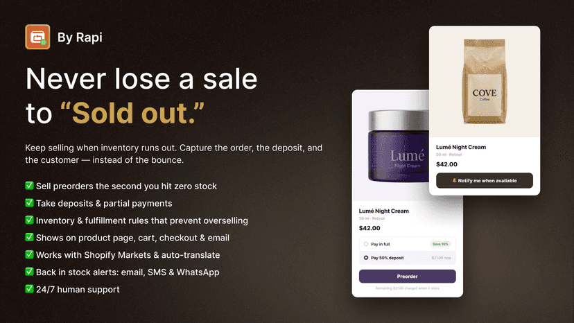 Rapi app hero showing preorder features for sold-out products
