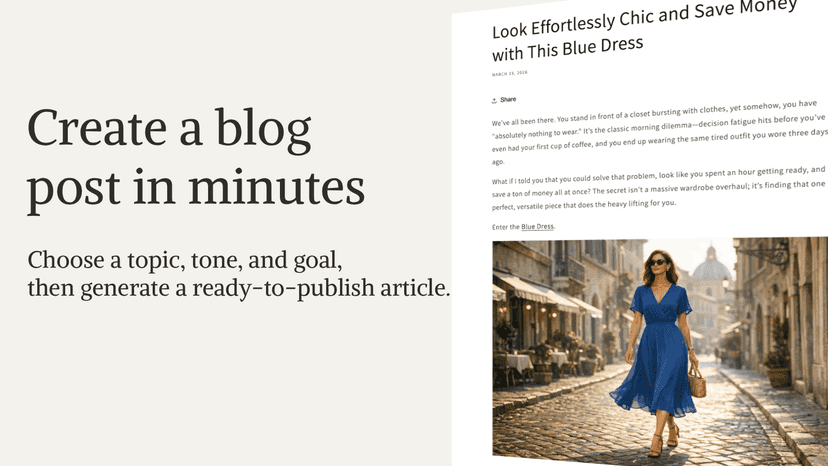 Blog post generator with topic, tone, and publish options