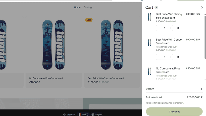 Cart showing applied discounts
