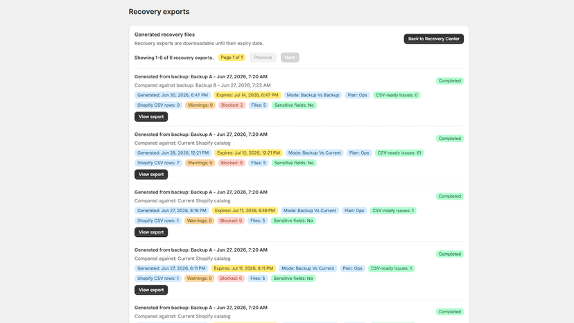 Recovery exports list with status badges and export actions