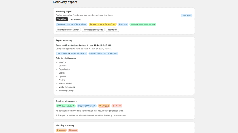 Recovery export detail with artifacts and import guidance