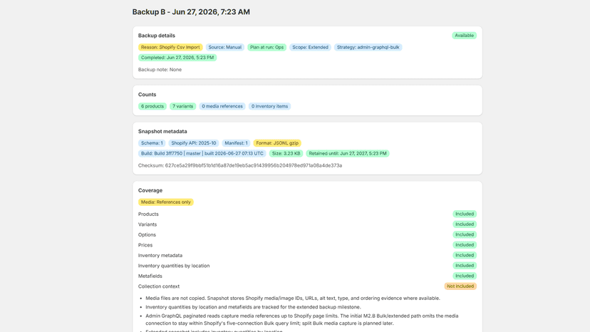 Backup detail with counts, snapshot metadata, and coverage