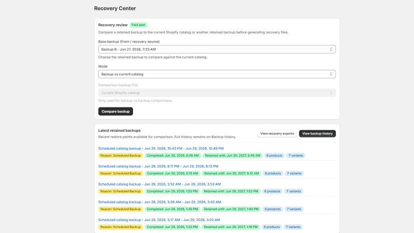Recovery Center with backup comparison and retained backups
