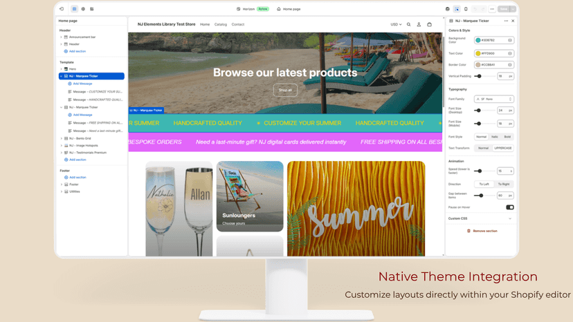 Native Shopify theme editor customizing an NJ section