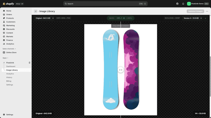 Compare original vs optimized images with interactive slide
