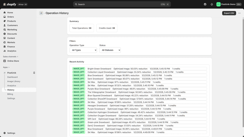 Operation history log showing detailed optimization performance