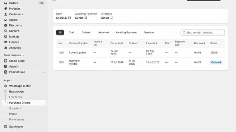 Purchase orders list with status, payments, and receiving