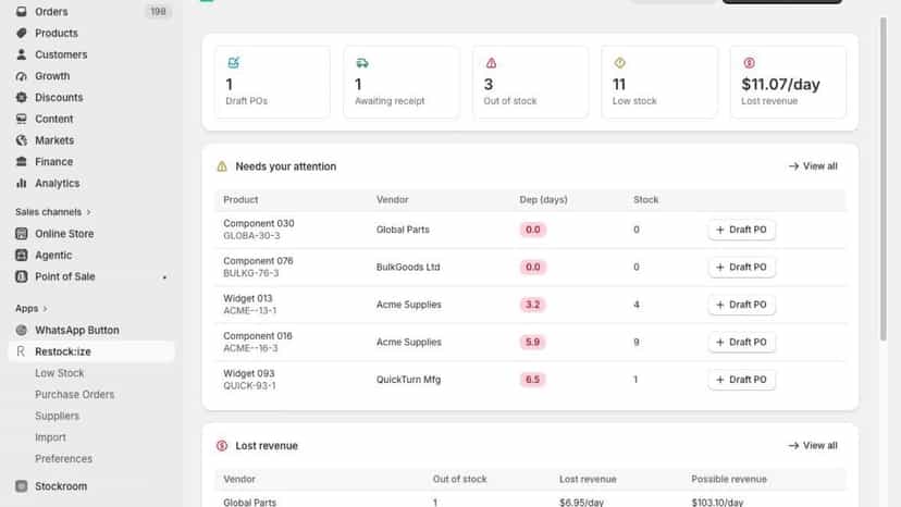 Restock:ize dashboard with key metrics and low stock alerts