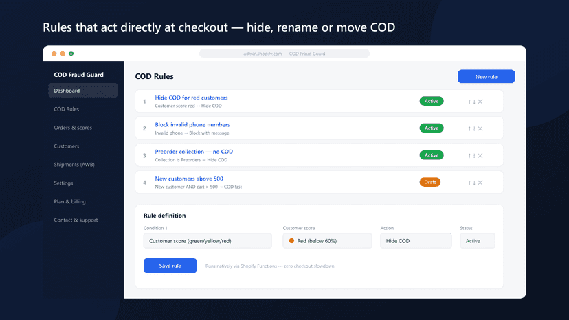 COD rules list and rule builder that hides cash on delivery