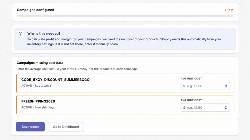 Individual product cost input section