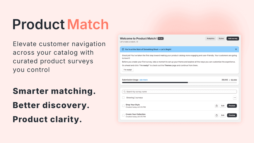 Survey discovery interface in Product Match.