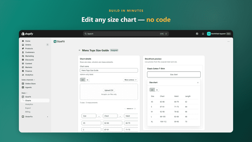 Editing a size chart with rows and measurements in SizeFit