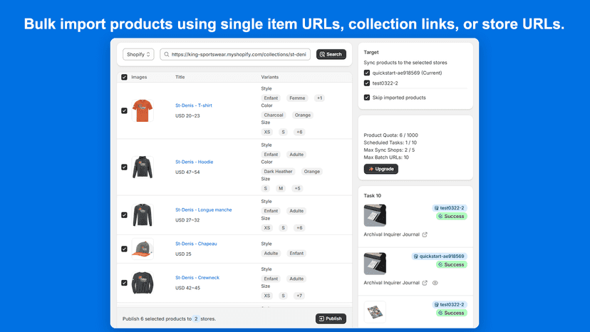 Bulk import products using single item URLs, collection links, o