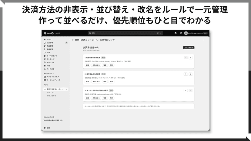 決済方法を非表示・並び替え・改名するルールの一覧画面