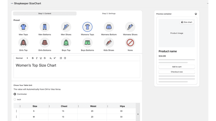 Dashboard Create Sizechart