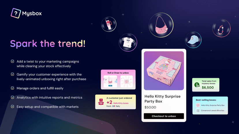 Mystery Box Builder app dashboard showing product selection