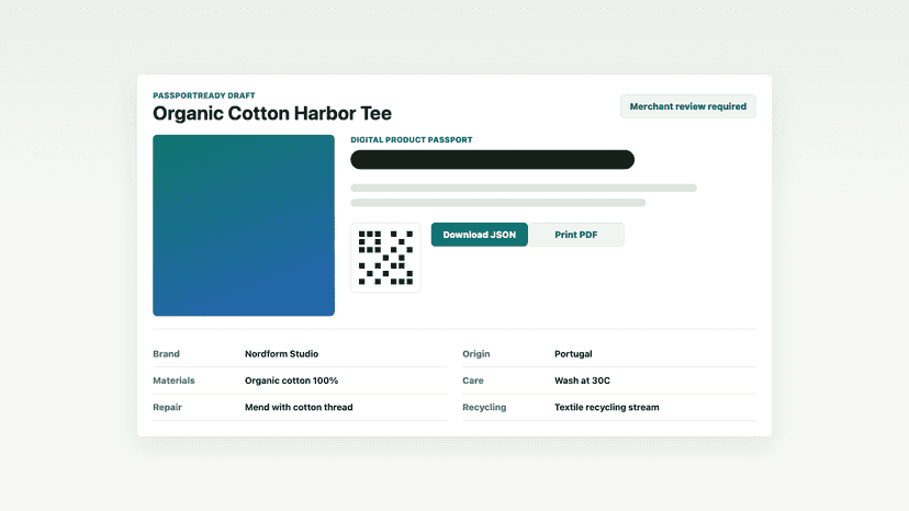 Public draft passport page with QR and JSON export